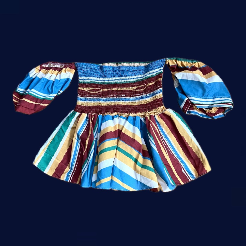 Boho-chic multi-coloured striped off-the-shoulder top with puffy sleeves